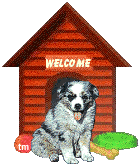 graphic:  Welcome To My Home.  A blue merle Aussie puppy sitting in front of a dog house with welcome painted on it.  He has a ball, a bone, and a dog dish.